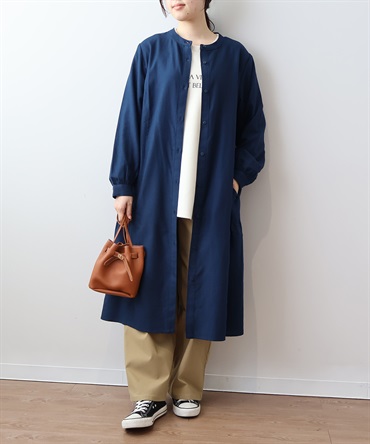 【L～５L】バンドカラー 切替 ギャザー シャツワンピース(70コン-３Ｌ-0340128-70-035)