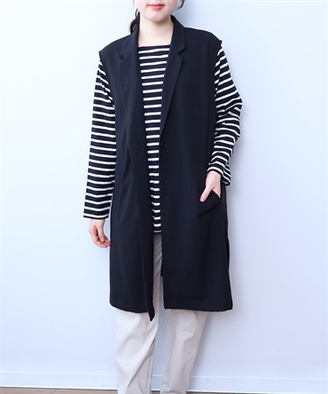【L～５L】バック ベルト テーラード ロング ジレ(00クロ-ＬＬ-0340367-00-033)