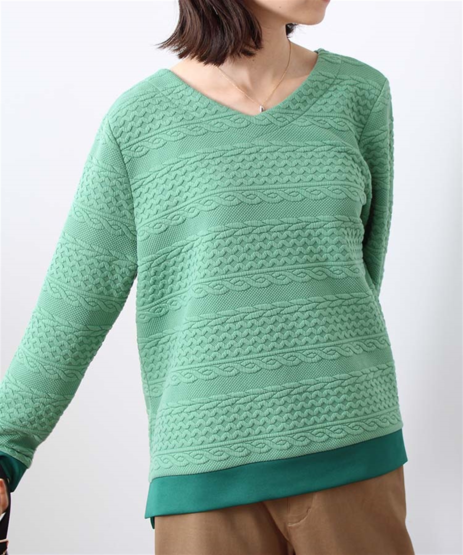 【M～５L】Ｖネック ボーダー カットソー(61グリーン-Ｍ-0340409-61-031)