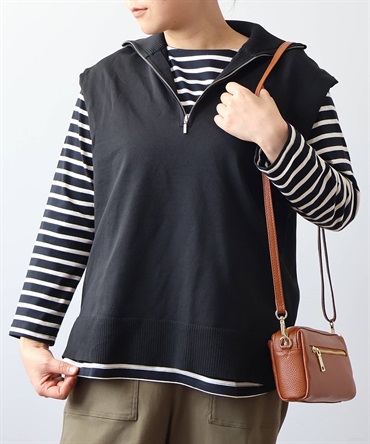 【L～５L】フロント ZIP ニット ベスト(00クロ-４Ｌ-0340460-00-040)