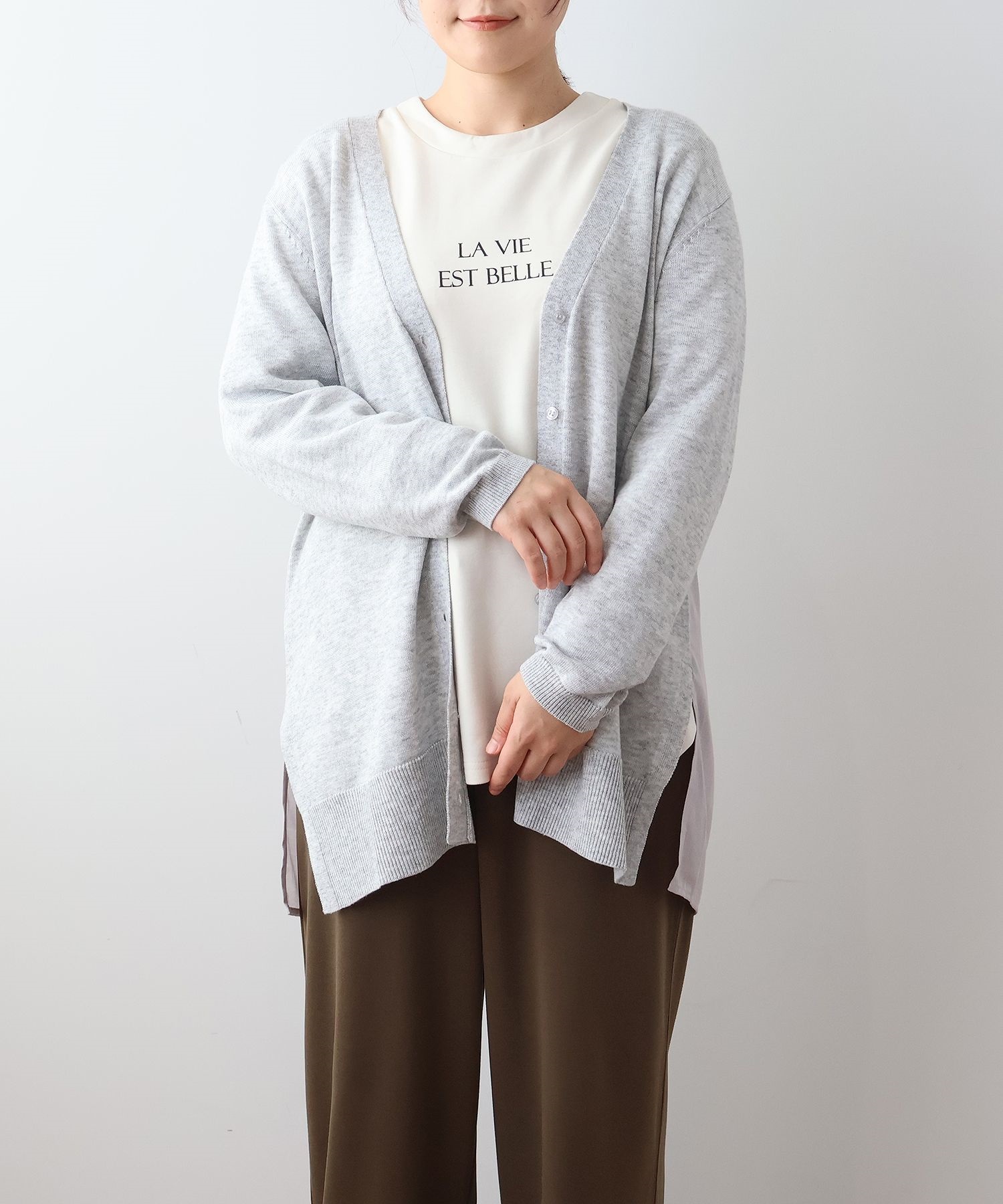 【L～６L】【ウォッシャブル】 異素材切替え ロング カーディガン(12ライトグレー-Ｌ-0340462-12-032)