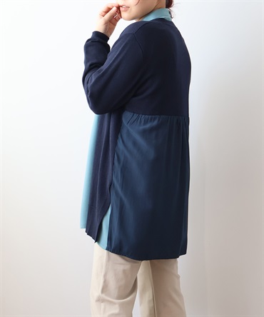 【L～６L】【ウォッシャブル】 異素材切替え ロング カーディガン(70コン-３Ｌ-0340462-70-035)