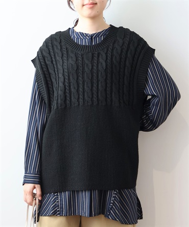 【L～5L】ケーブル 切替 ニット ベスト(00クロ-５Ｌ-0340471-00-041)