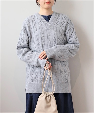 【L～5L】ケーブル ニット フーディー(11グレー-５Ｌ-0340473-11-041)