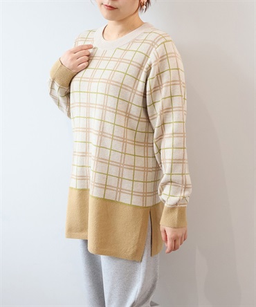 【L～6L】【抗ピル】 チェック 切替え チュニック(52クリーム-５Ｌ-0340479-52-041)