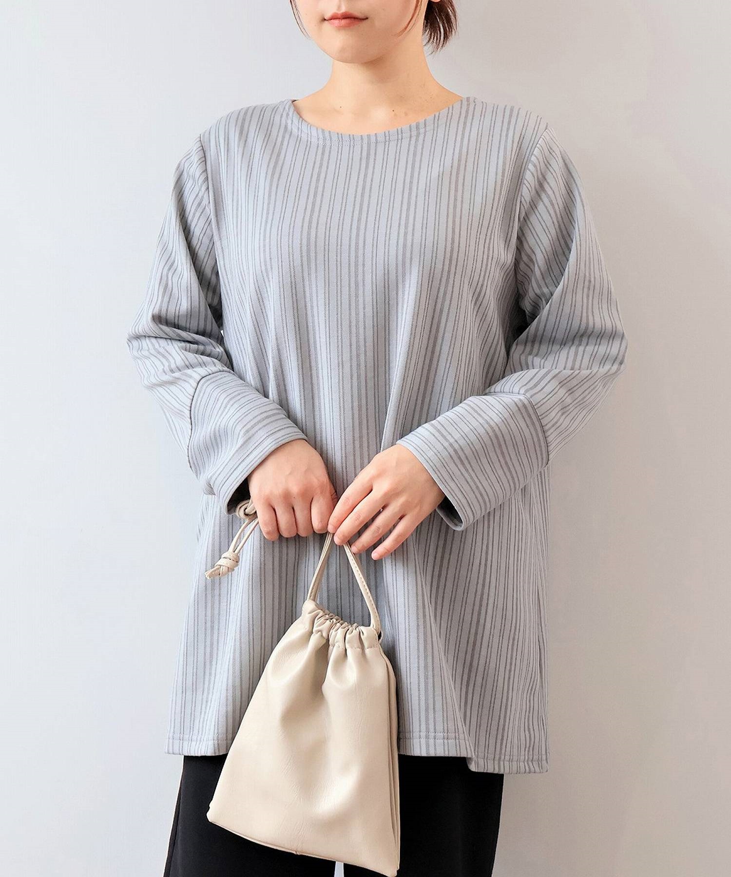【LL～６L】【WEB/一部店舗限定】 ストライプ 切替え チュニック(12ライトグレー-ＬＬ-0340483-12-033)