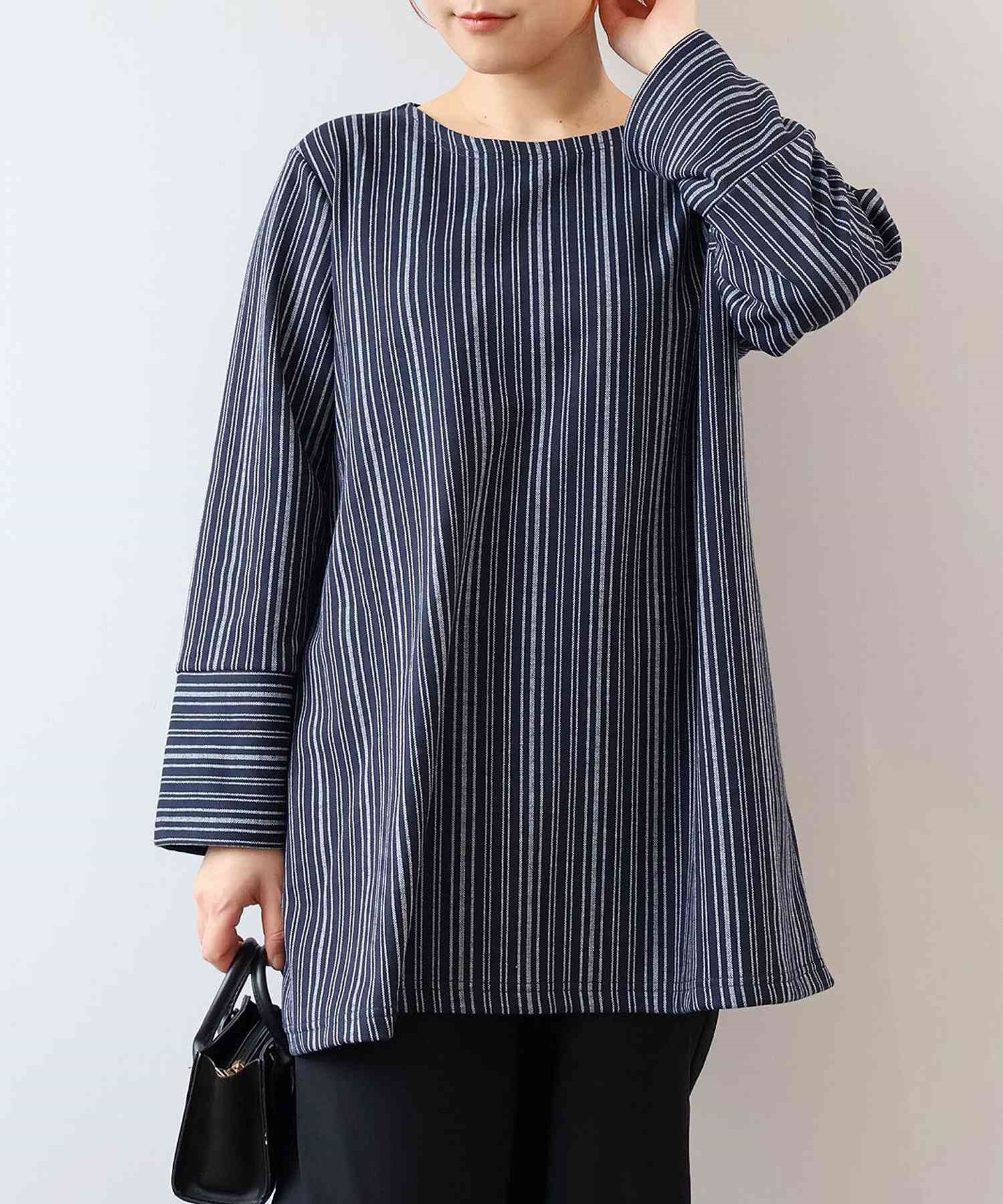 【LL～６L】【WEB/一部店舗限定】 ストライプ 切替え チュニック(70コン-ＬＬ-0340483-70-033)