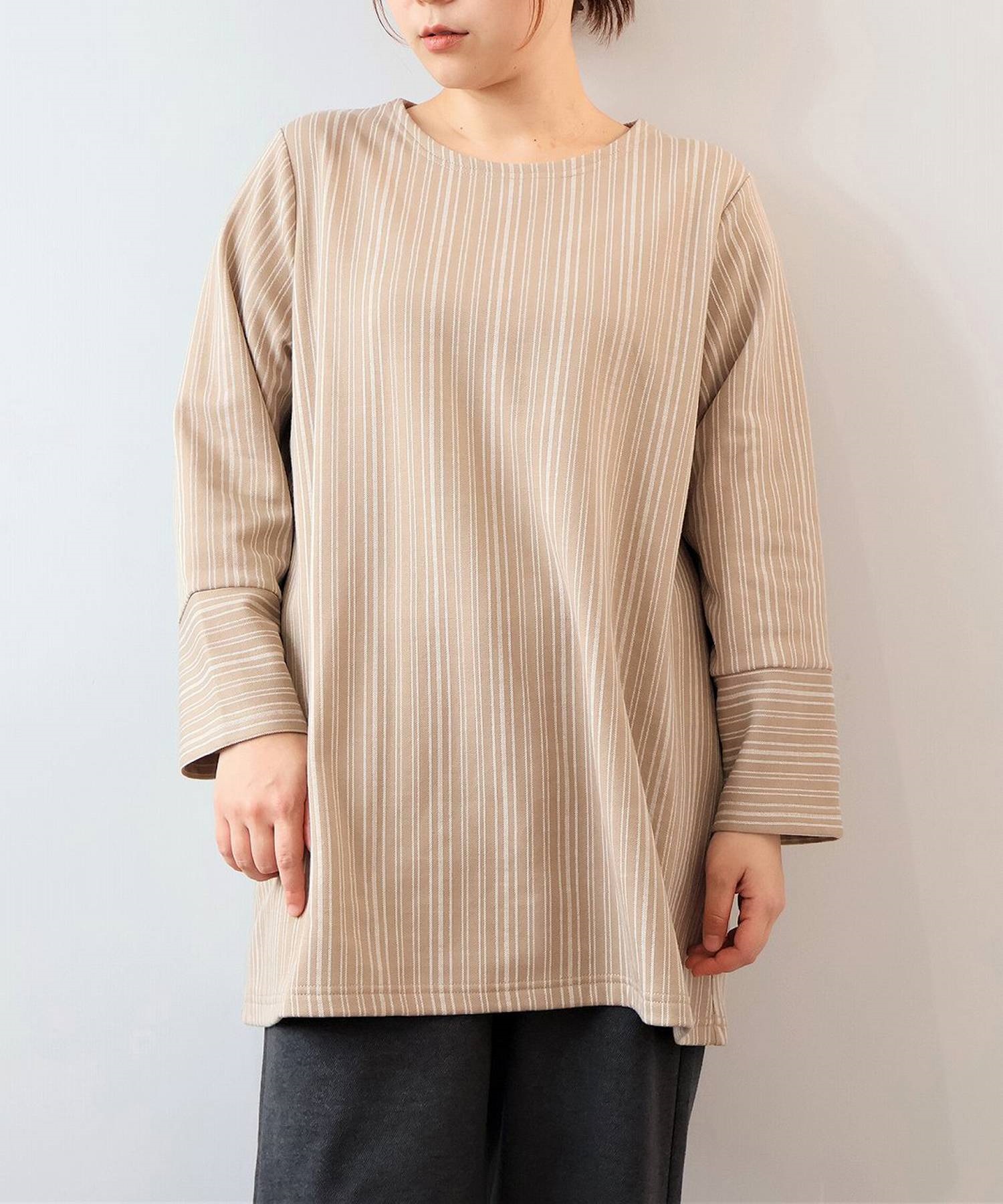 【LL～６L】【WEB/一部店舗限定】 ストライプ 切替え チュニック(82ベージュ-ＬＬ-0340483-82-033)
