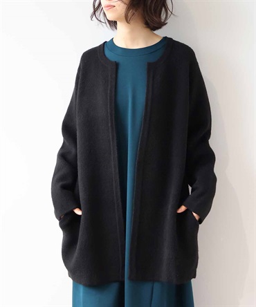 【L～6L】フワモチ ノーカラー ニット ジャケット(00クロ-３Ｌ-0340485-00-035)