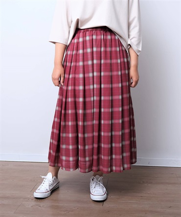 【L～５L】ジョーゼット チェック柄 タック スカート(40エンジ-５Ｌ-0340713-40-041)