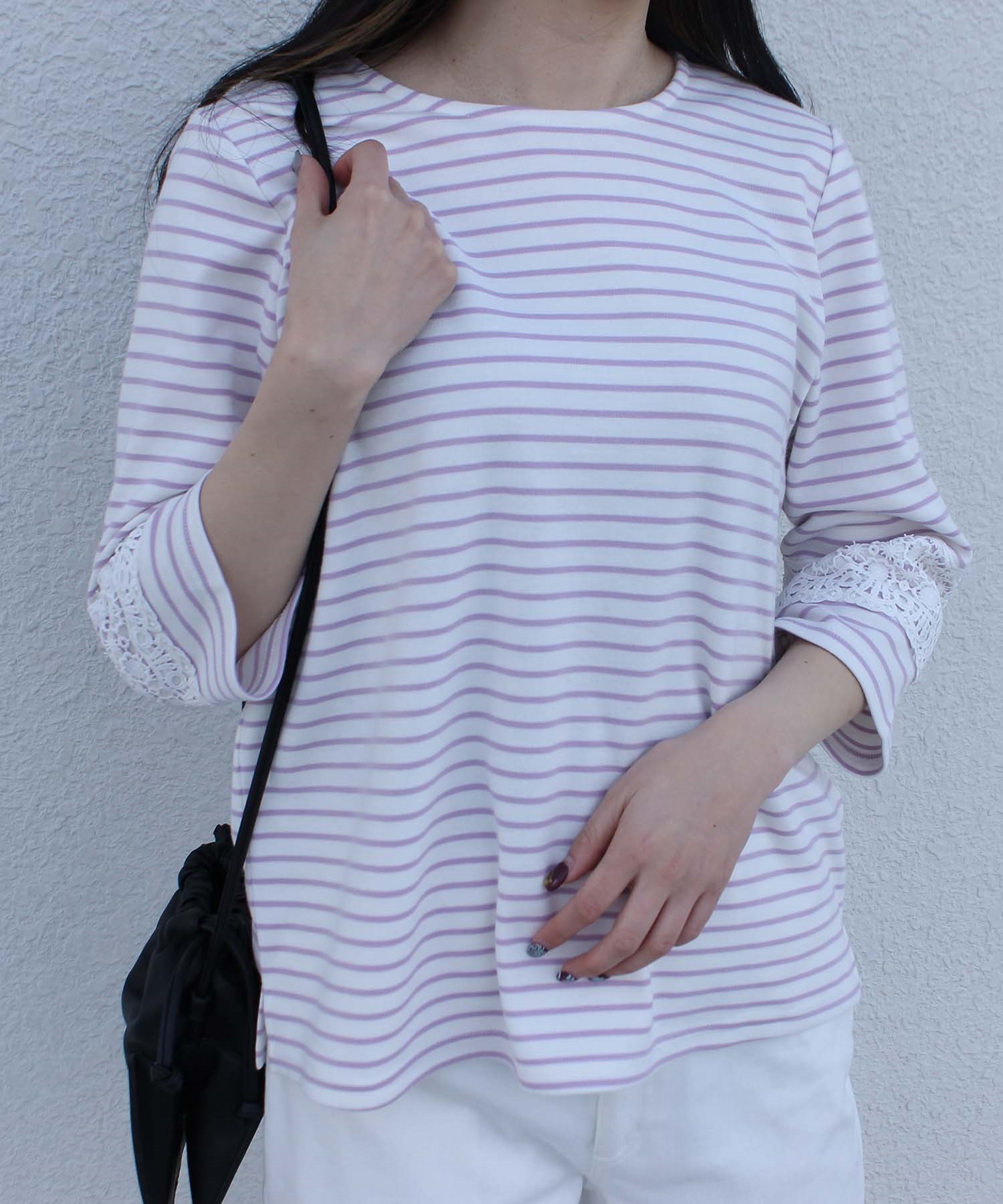 【M～5Lサイズ】レース使い ボーダーカットソー(22ラベンダー-Ｍ-0341481-22-031)