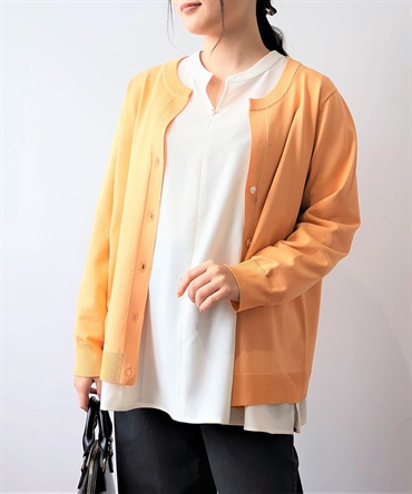 【L～６L】スキッパーカラー ニット カーディガン(41オレンジ-Ｌ-0341497-41-032)