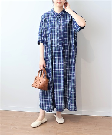 【LL～6L】【WEB&一部店舗】 レーヨンブロード タック シャツワンピース(71チェック-ＬＬ-0342177-71-033)