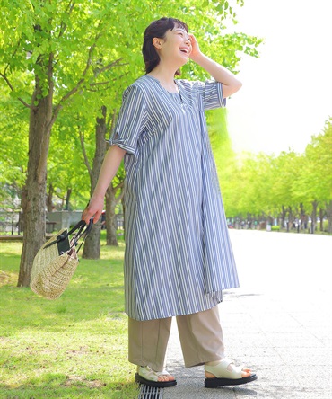 【L～５L】リボンスリーブ フロントタック ワンピース