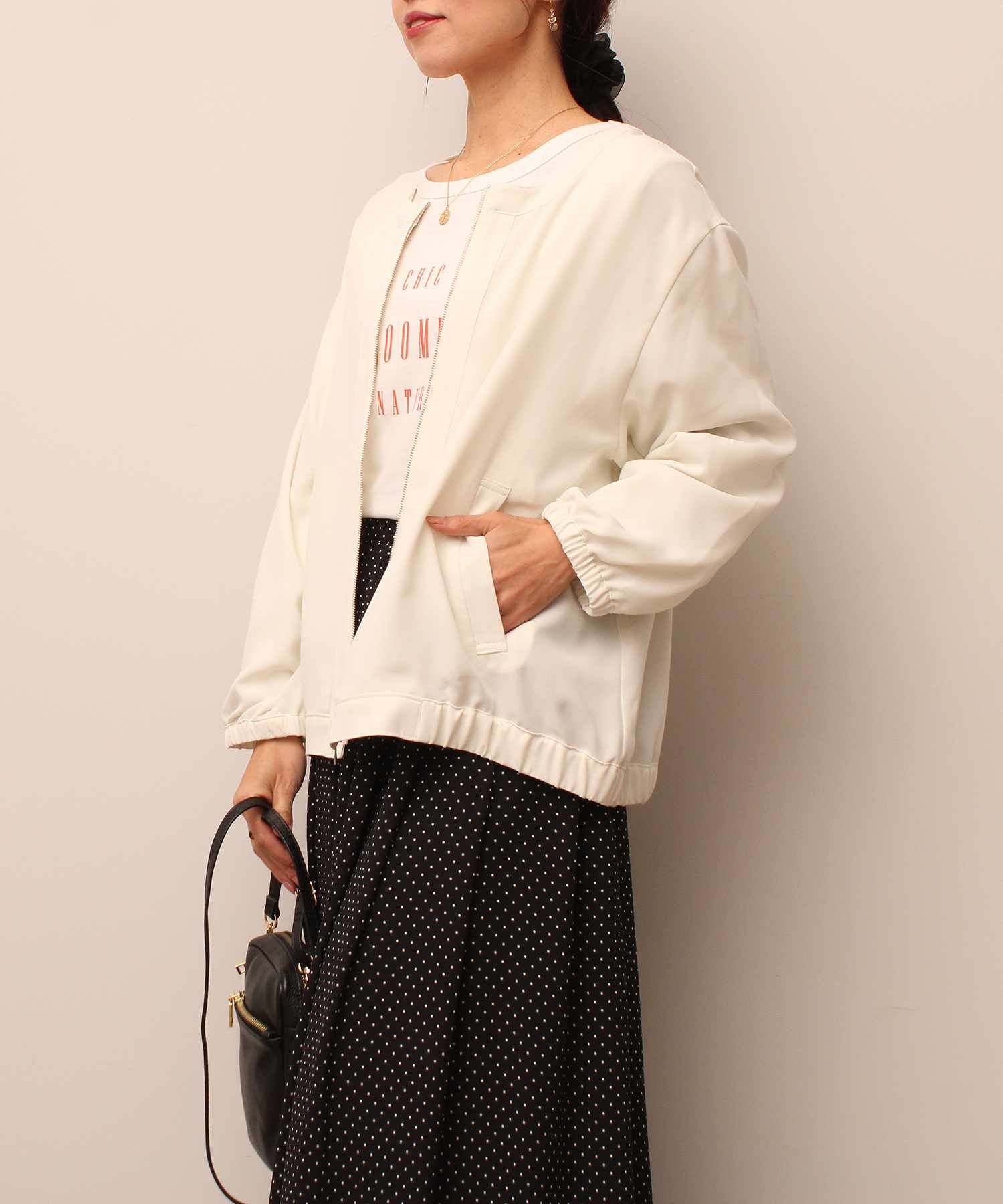 【L～５L】ノーカラー ZIP ブルゾン(52クリーム-Ｌ-0342378-52-032)