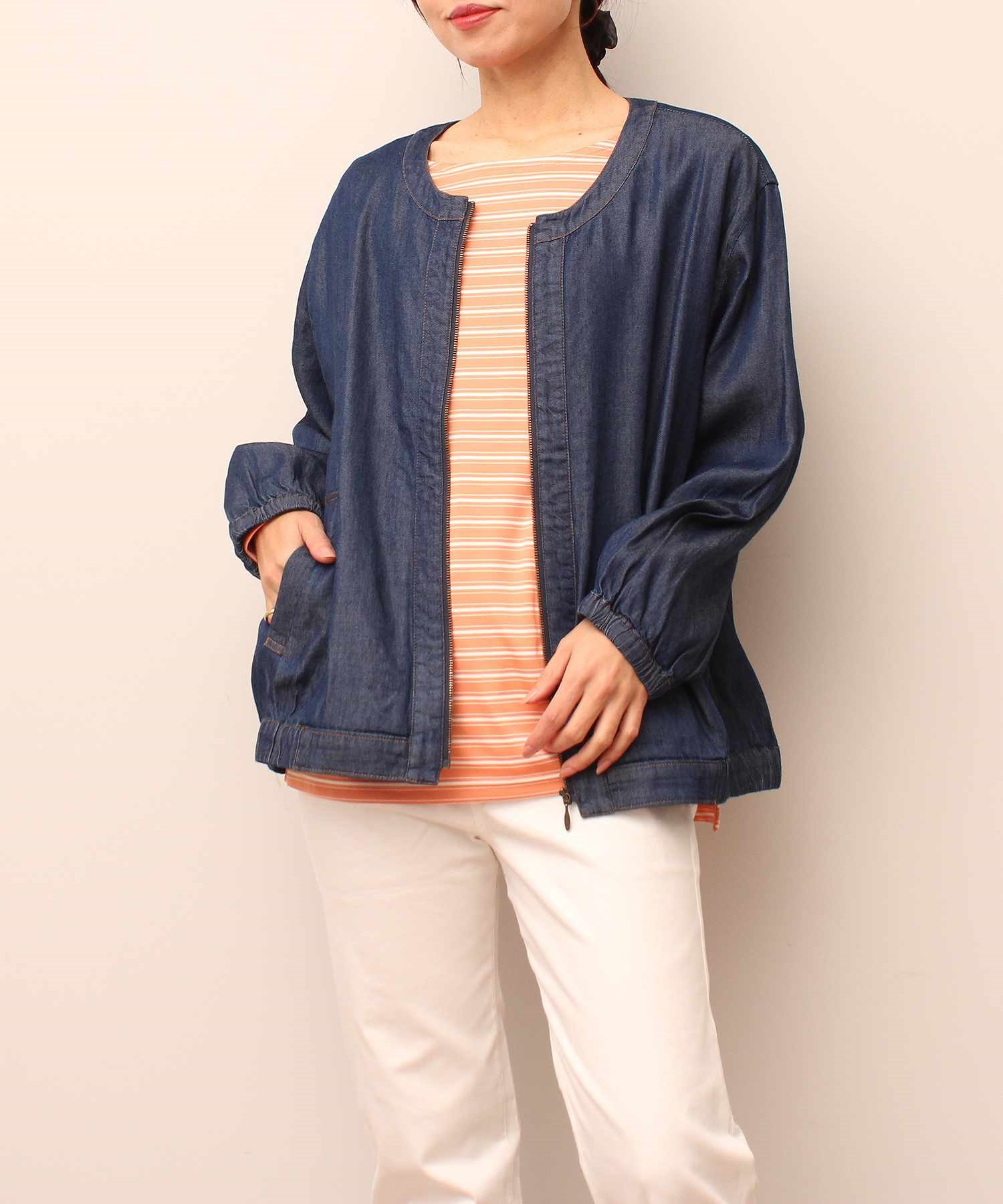 【L～５L】ノーカラー ZIP ブルゾン(71デニム-Ｌ-0342378-71-032)