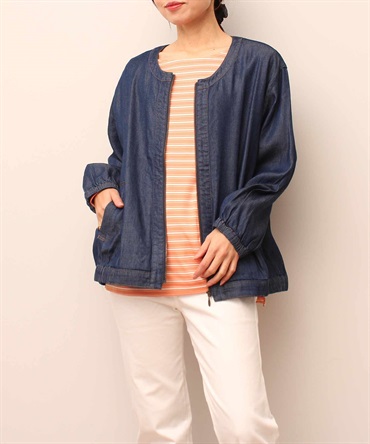 【L～５L】ノーカラー ZIP ブルゾン(71デニム-４Ｌ-0342378-71-040)