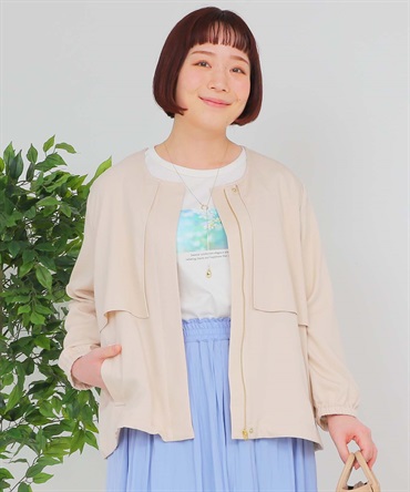 【L～５L】シャンブレー ノーカラー ジャケット(52アイボリー-ＬＬ-0342380-52-033)