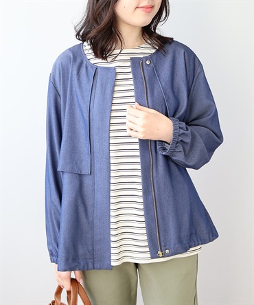 【L～５L】シャンブレー ノーカラー ジャケット(70コン-５Ｌ-0342380-70-041)