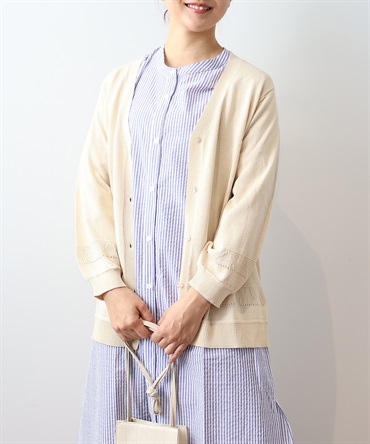 【L～5L】【接触冷感】 Vネック 透かし柄 カーディガン(52アイボリー-３Ｌ-0342478-52-035)