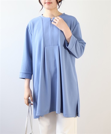 【L～５L】カットジョーゼット バンドカラー チュニック(71ブルー-４Ｌ-0342488-71-040)