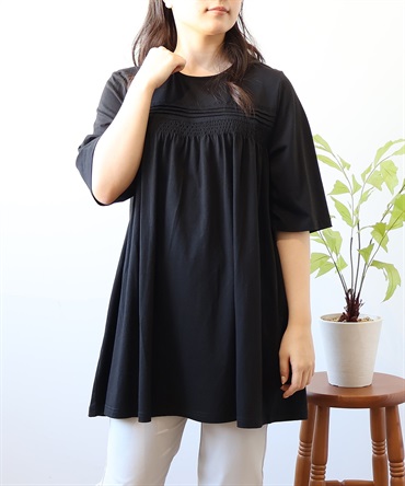 【L～5L】コットンレーヨン天竺 フロントシャーリング チュニック(00クロ-ＬＬ-0342492-00-033)