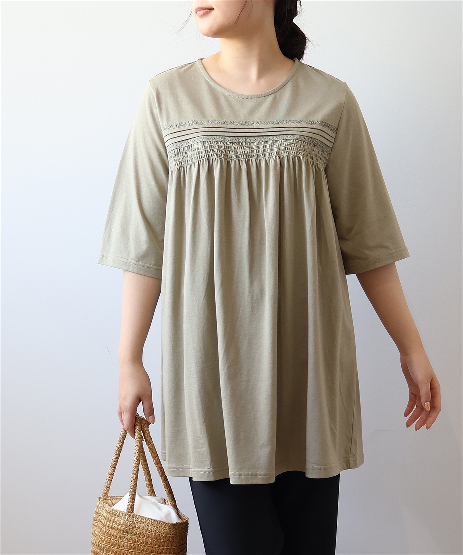 【L～5L】コットンレーヨン天竺 フロントシャーリング チュニック(63カーキ-Ｌ-0342492-63-032)