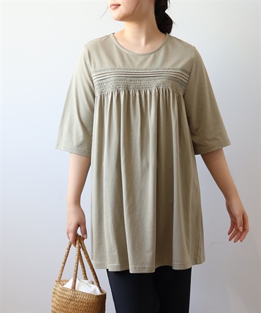 【L～5L】コットンレーヨン天竺 フロントシャーリング チュニック(63カーキ-５Ｌ-0342492-63-041)