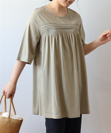【L～5L】コットンレーヨン天竺 フロントシャーリング チュニック
