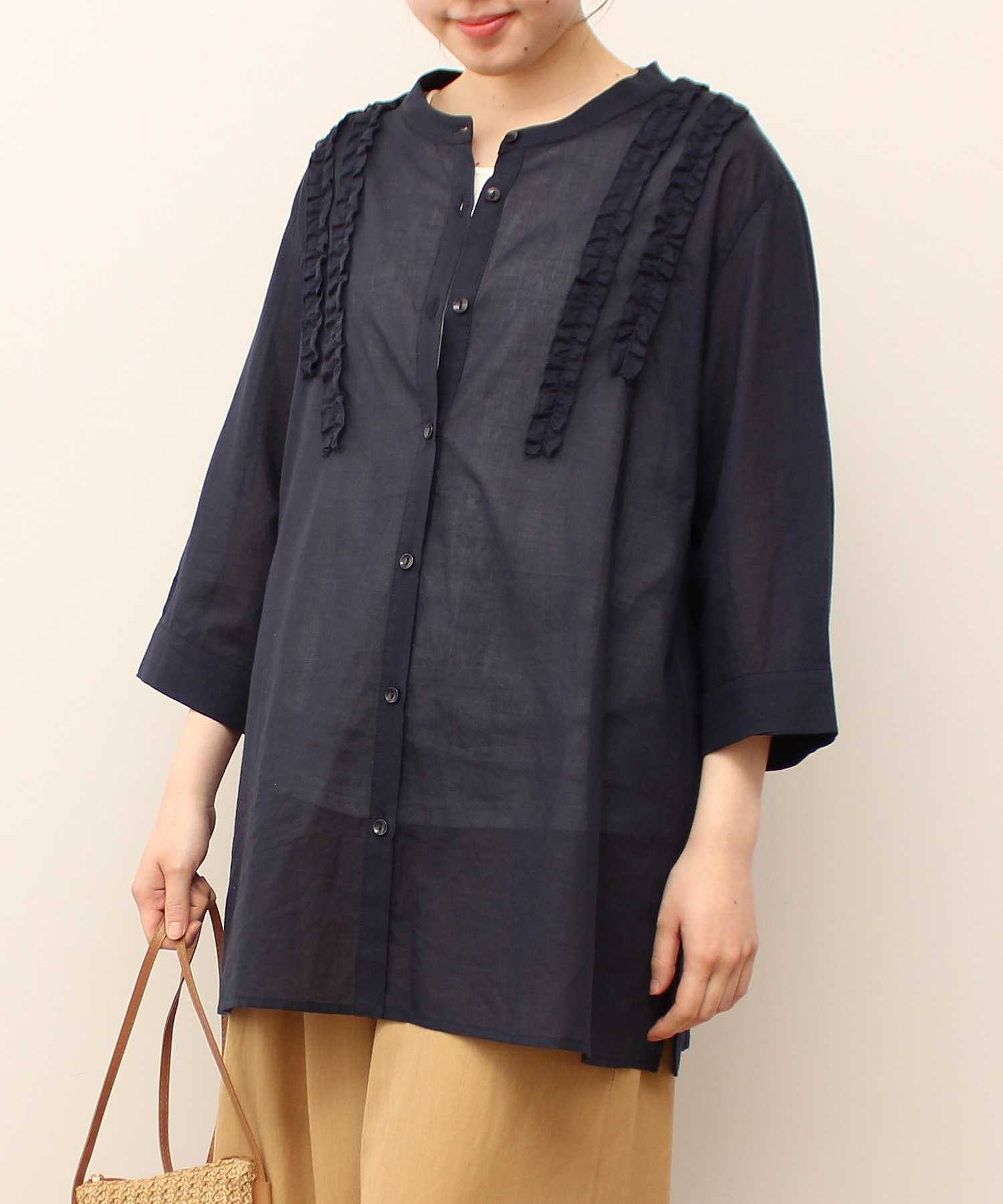 【L～５L】フリル 使い バンドカラー シアーシャツ(70コン-Ｌ-0342650-70-032)