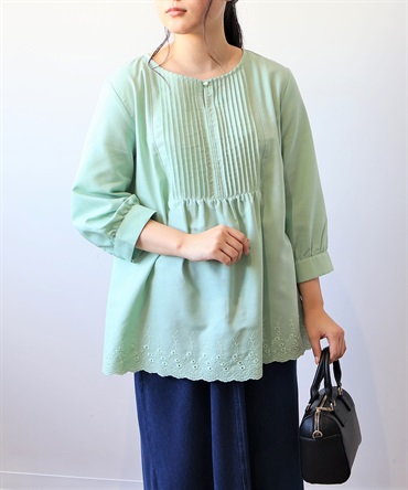 【LL～６L】【WEB&一部店舗】 フロント ピンタック 刺しゅう ブラウス(62ライトグリーン-５Ｌ-0342661-62-041)