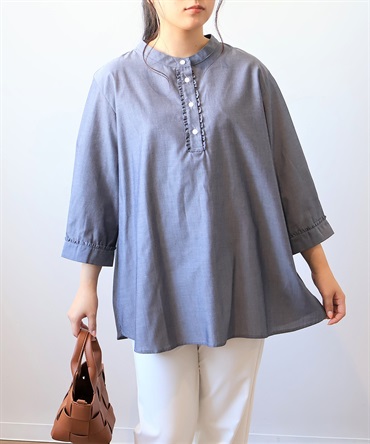 【LL～６L】【WEB&一部店舗】 ミニフリル バンドカラー ブラウス(71コンシャンブレー-４Ｌ-0342662-71-040)