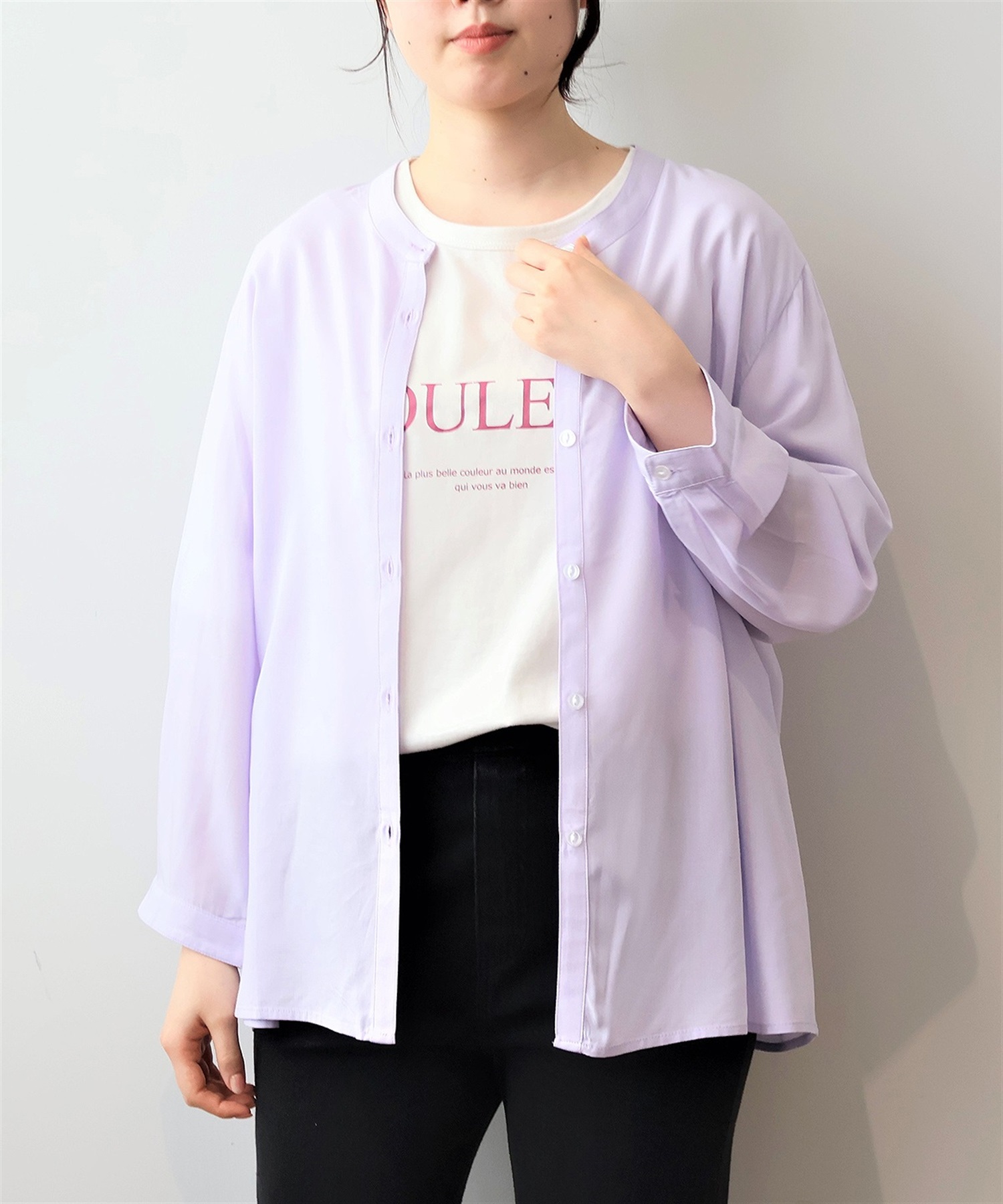 【L～5L】レーヨン バンドカラーシャツ(22ラベンダー-Ｌ-0342668-22-032)
