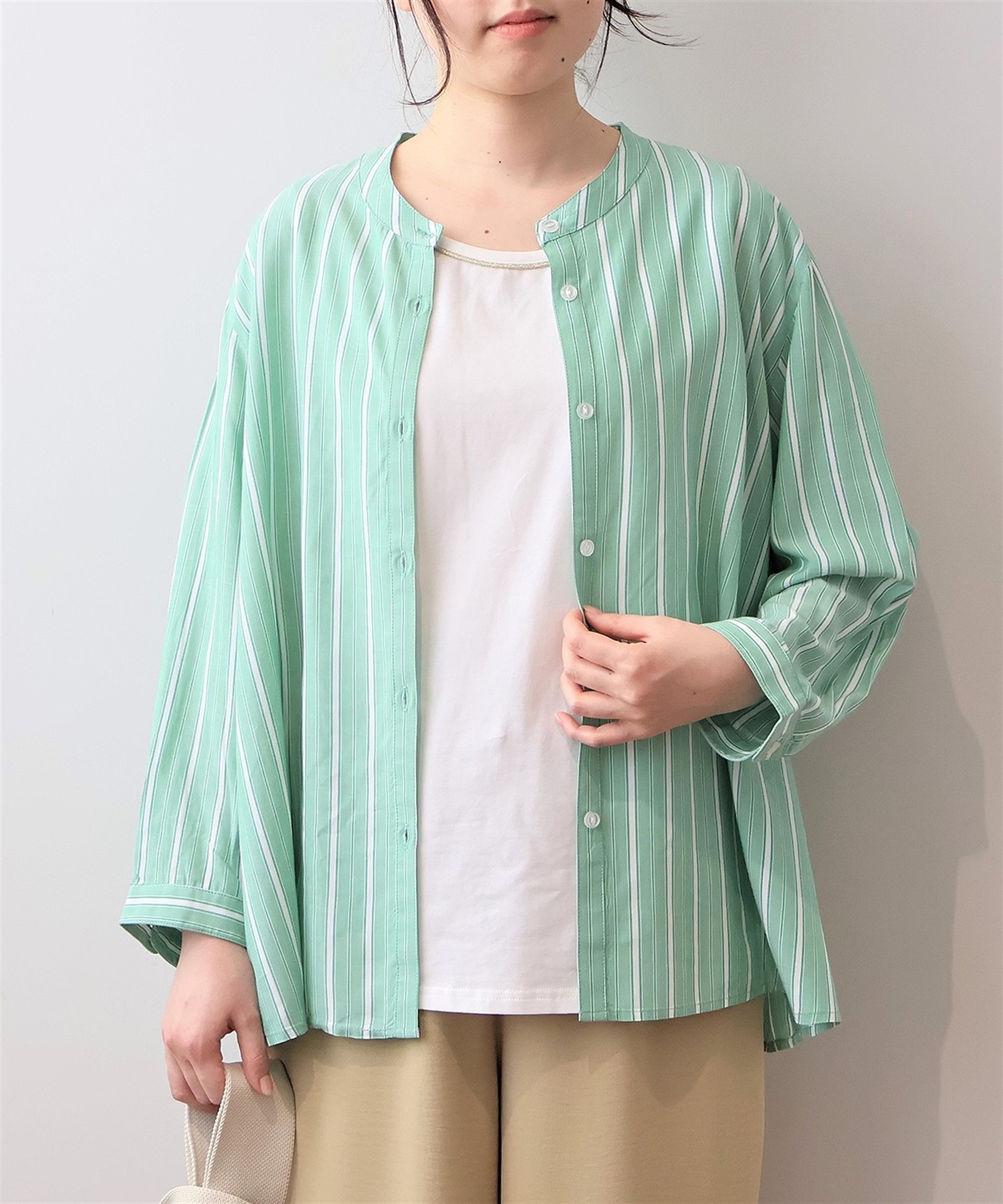 【L～5L】レーヨン バンドカラーシャツ(61グリーンST-Ｌ-0342668-61-032)