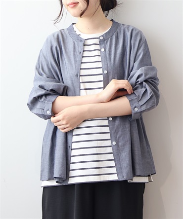【L～5L】レーヨン バンドカラーシャツ(70コンシャンブレー-３Ｌ-0342668-70-035)