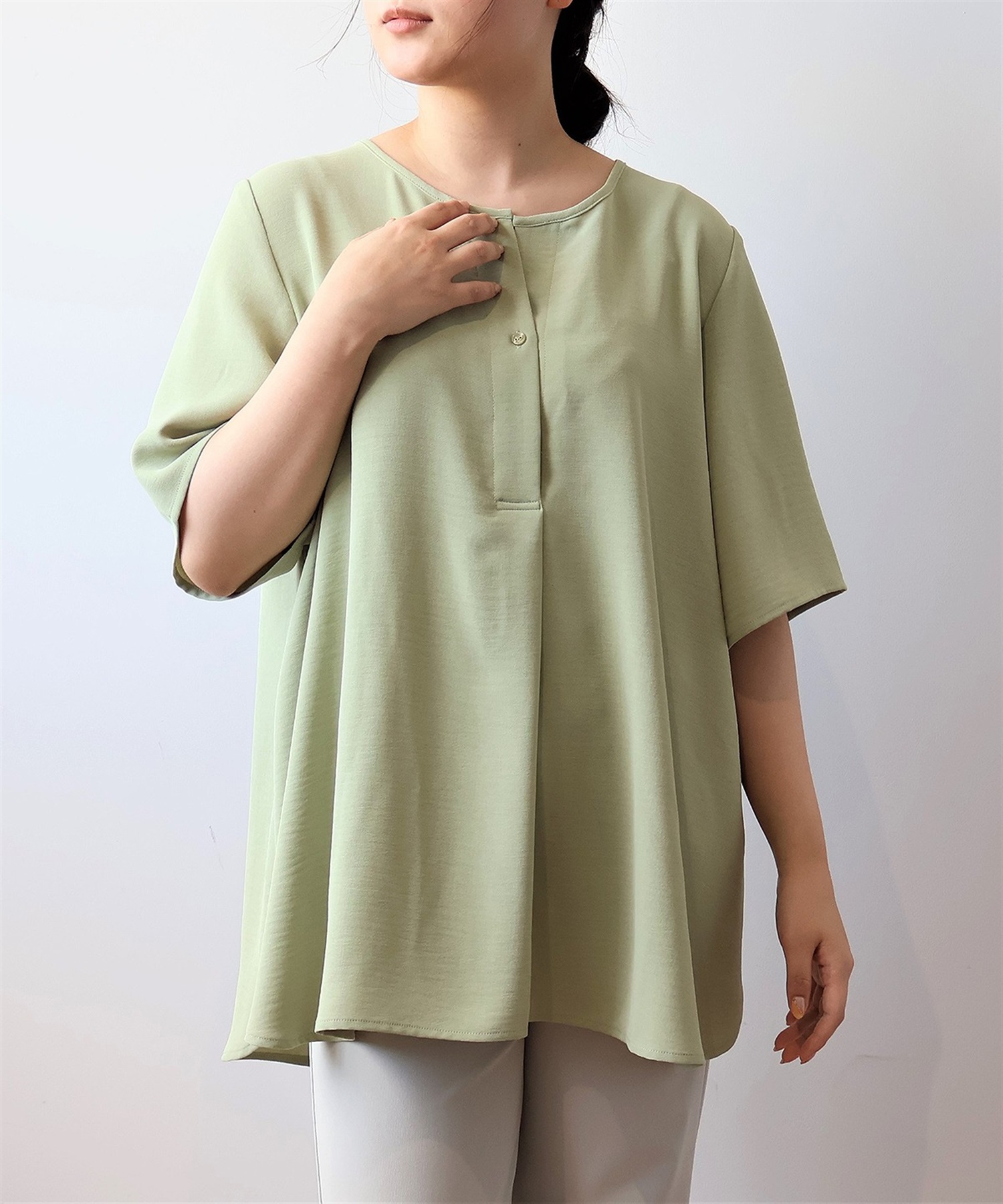 【L～6L】エステルビンテージ ラウンドネックチュニック(63カーキ-Ｌ-0342669-63-032)