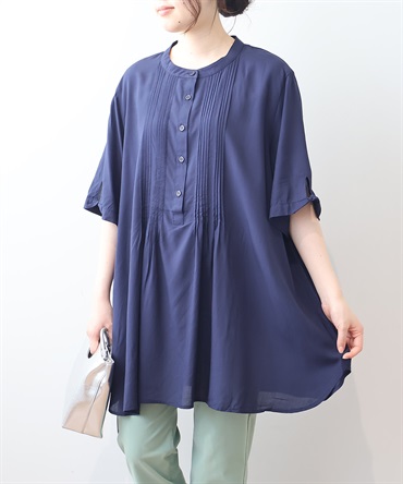 【LL～６L】【WEB&一部店舗】 バンドカラー ピンタック チュニック(70コン無地-３Ｌ-0342671-70-035)