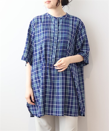 【LL～６L】【WEB&一部店舗】 バンドカラー ピンタック チュニック(71チェック-４Ｌ-0342671-71-040)
