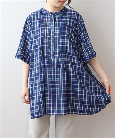 【LL～６L】【WEB&一部店舗】 バンドカラー ピンタック チュニック