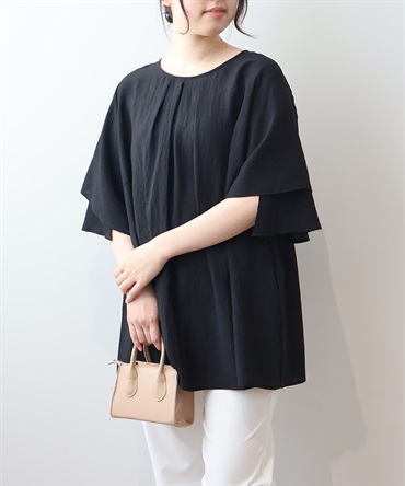 【LL～6L】【WEB&一部店舗】　チューリップスリーブ　フロントタックブラウス(00クロ-ＬＬ-0342672-00-033)