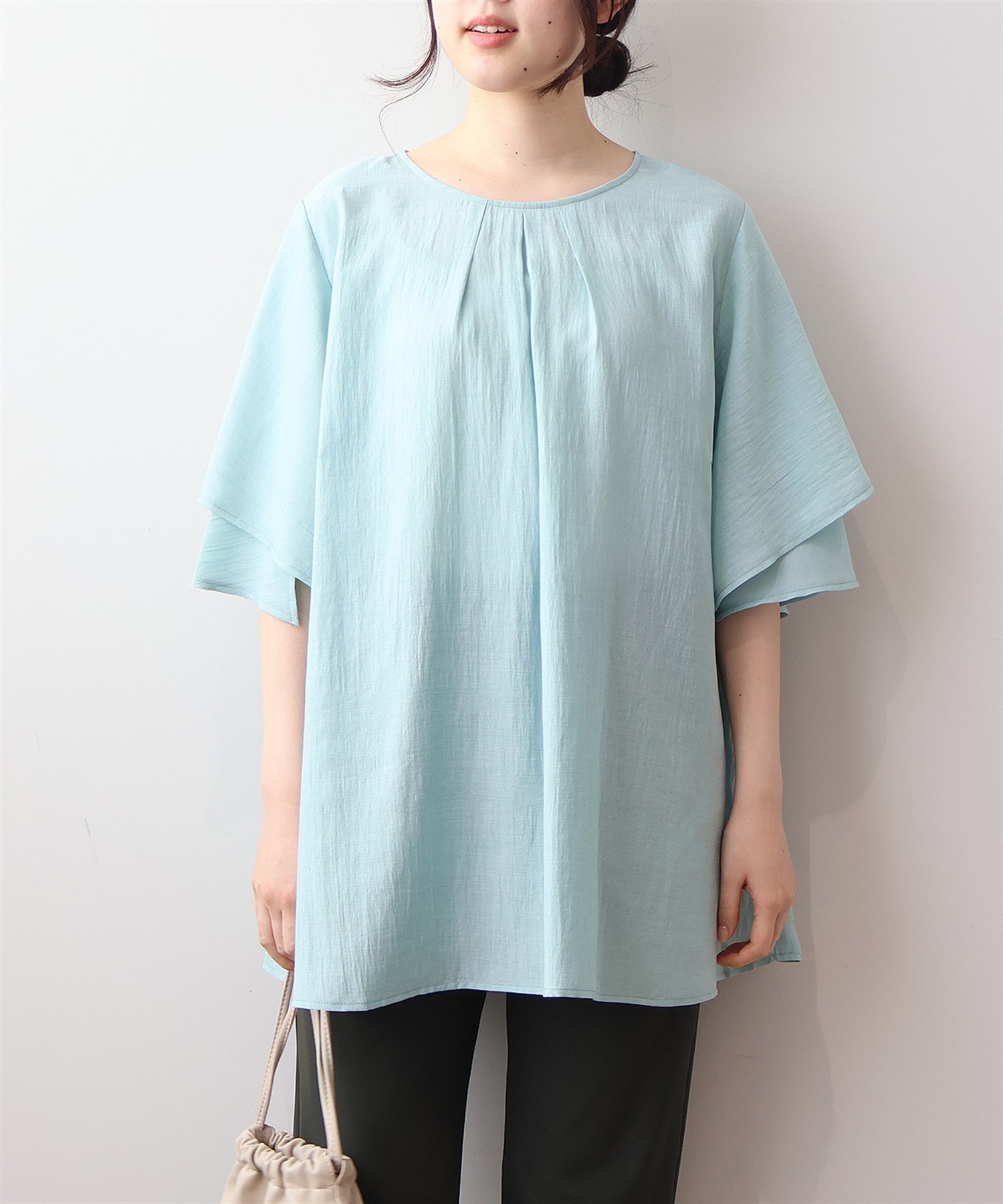 【LL～6L】【WEB&一部店舗】　チューリップスリーブ　フロントタックブラウス(72サックス-ＬＬ-0342672-72-033)