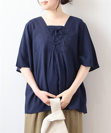 【L～６L】【接触冷感】 レースアップ ブラウス(70コン-３Ｌ-0342674-70-035)