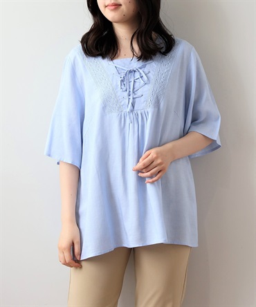 【L～６L】【接触冷感】 レースアップ ブラウス(72サックス-Ｌ-0342674-72-032)