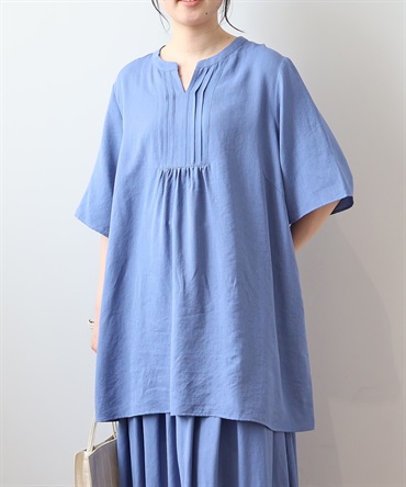 【L～5L】麻調スラブ ピンタック チュニック(71ブルー-ＬＬ-0342675-71-033)