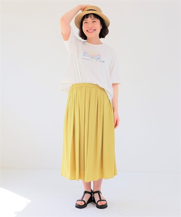【L～5L】麻調スラブ タック スカート(61グリーン-ＬＬ-0342732-61-033)