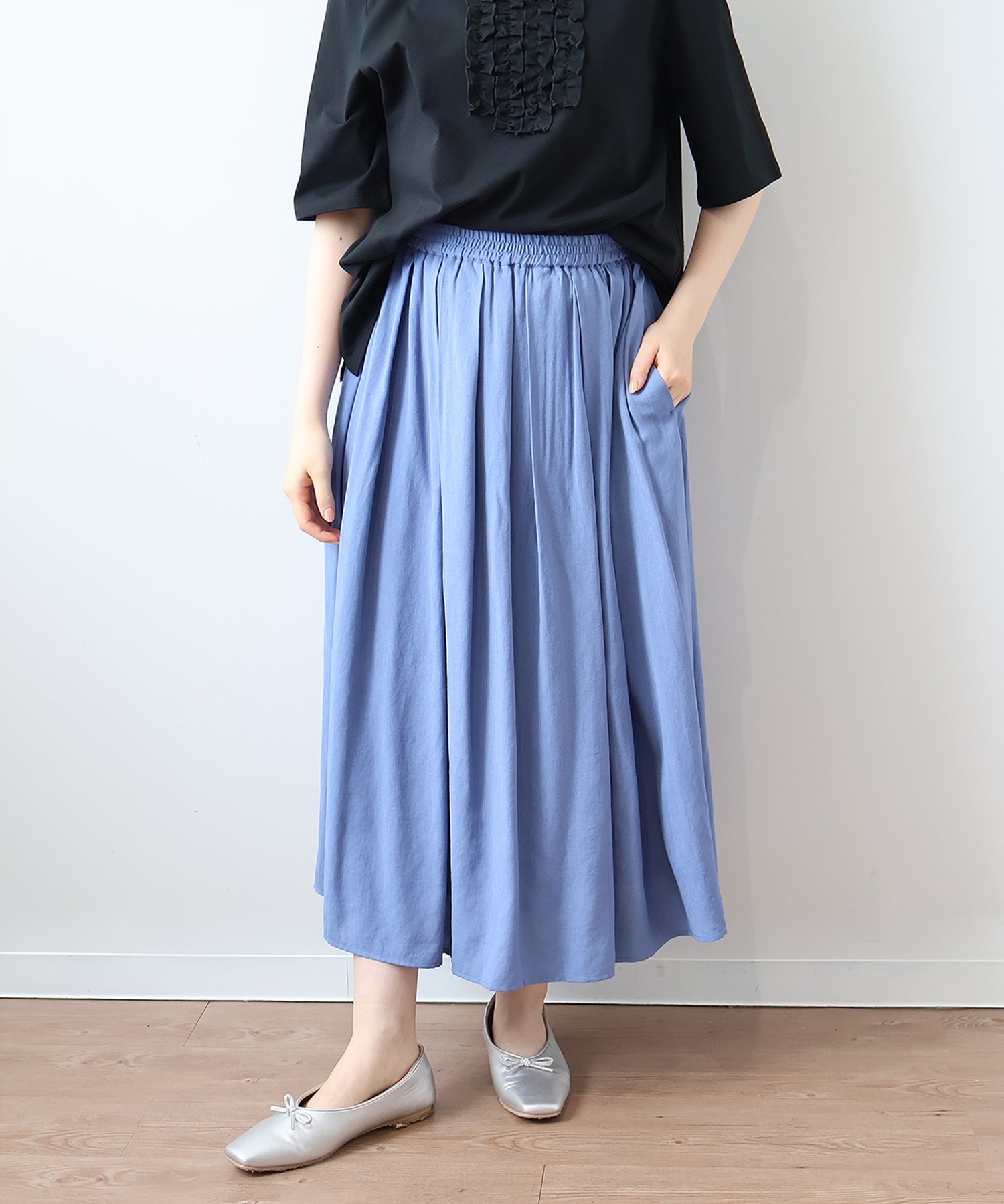 【L～5L】麻調スラブ タック スカート(71ブルー-Ｌ-0342732-71-032)