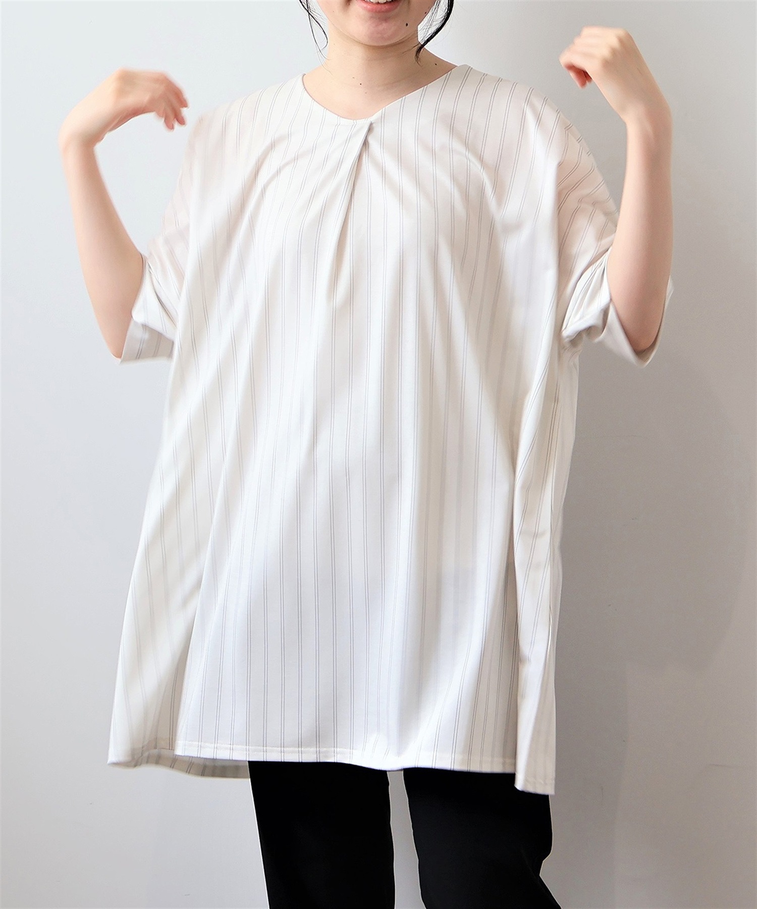 【L～5L】【接触冷感】 ストライプ ドルマン チュニック(01オフ-Ｌ-0343530-01-032)