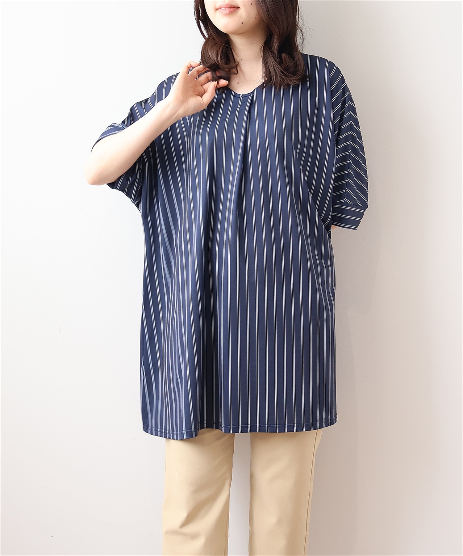 【L～5L】【接触冷感】 ストライプ ドルマン チュニック(70コン-Ｌ-0343530-70-032)