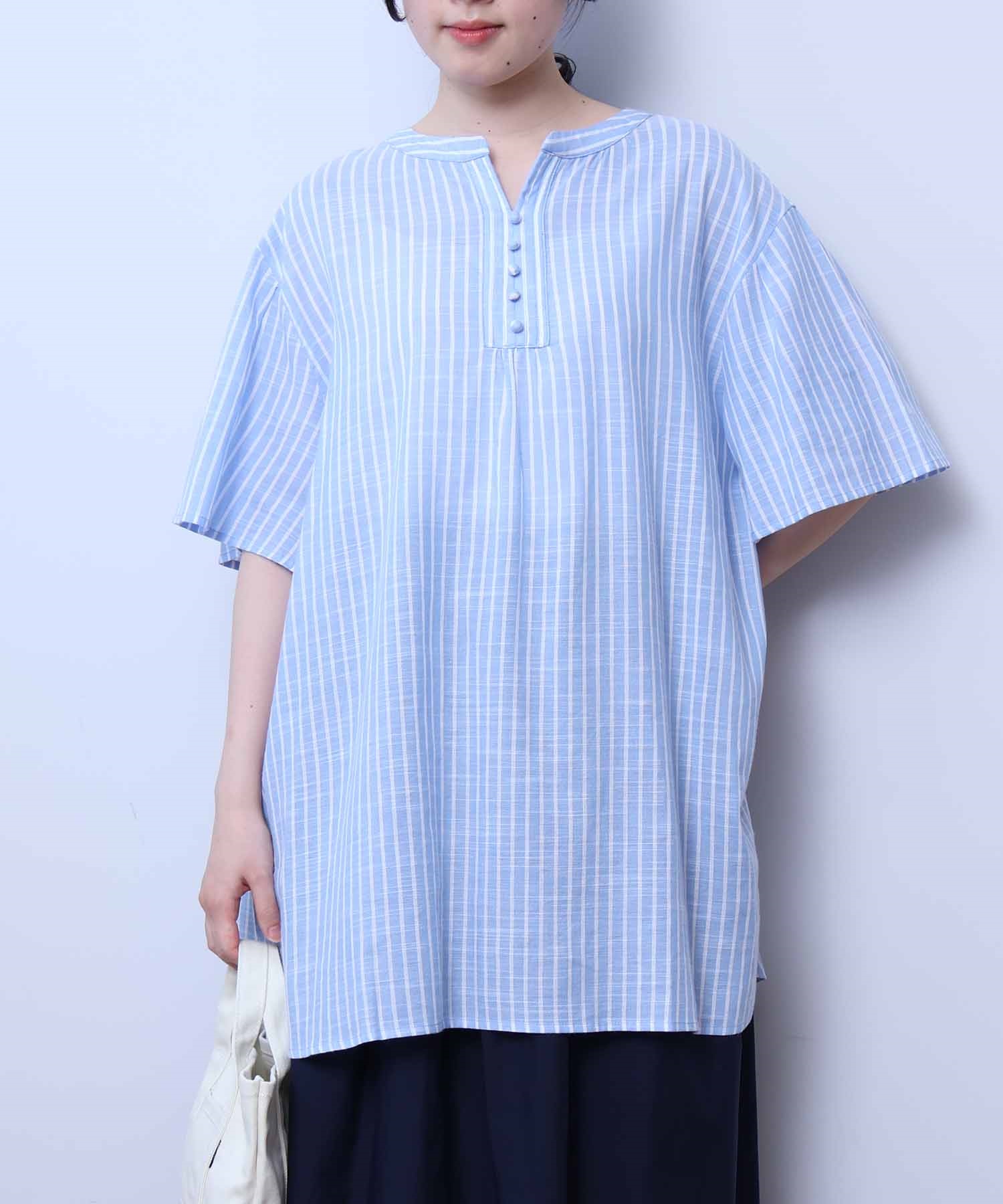 【LL～6L】【WEB/一部店舗限定】 スラブローン バンドカラー ブラウス(71ブルーST-ＬＬ-0343632-71-033)