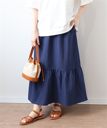 【LL～6L】【WEB/一部店舗限定】 ストライプ ギャザーヘム スカート(70コンST-３Ｌ-0343759-70-035)